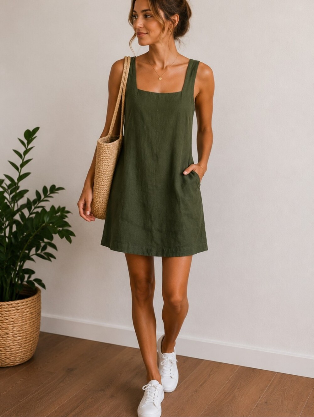 NWT! Abercrombie & Fitch Green Linen Squareneck Mini Dress XS Petite